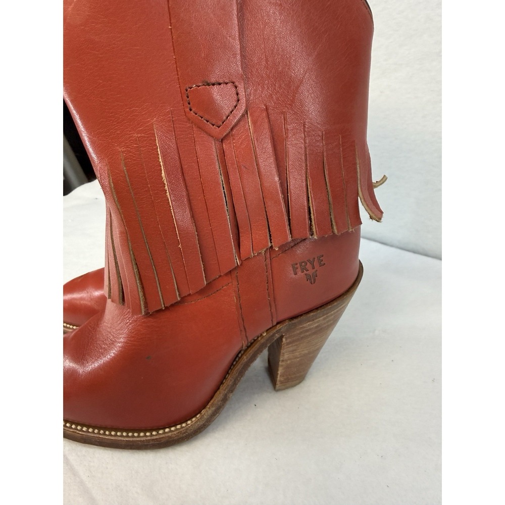 Vintage Frye Red Leather Fringe Cowgirl Boots Size 5.5 Made In USA - Picture 2 of 7